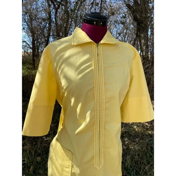Vintage 1970s Yellow Zip Front Casual dress Front Pocket size L - Picture 4 of 15